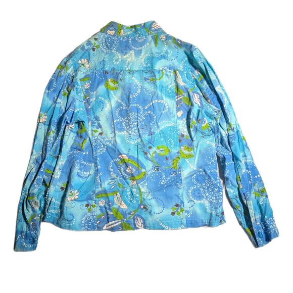 Vtg 1990s Keren Hart Blue Green Floral Print Beaded Button Up Cotton Jacket M - Picture 2 of 4